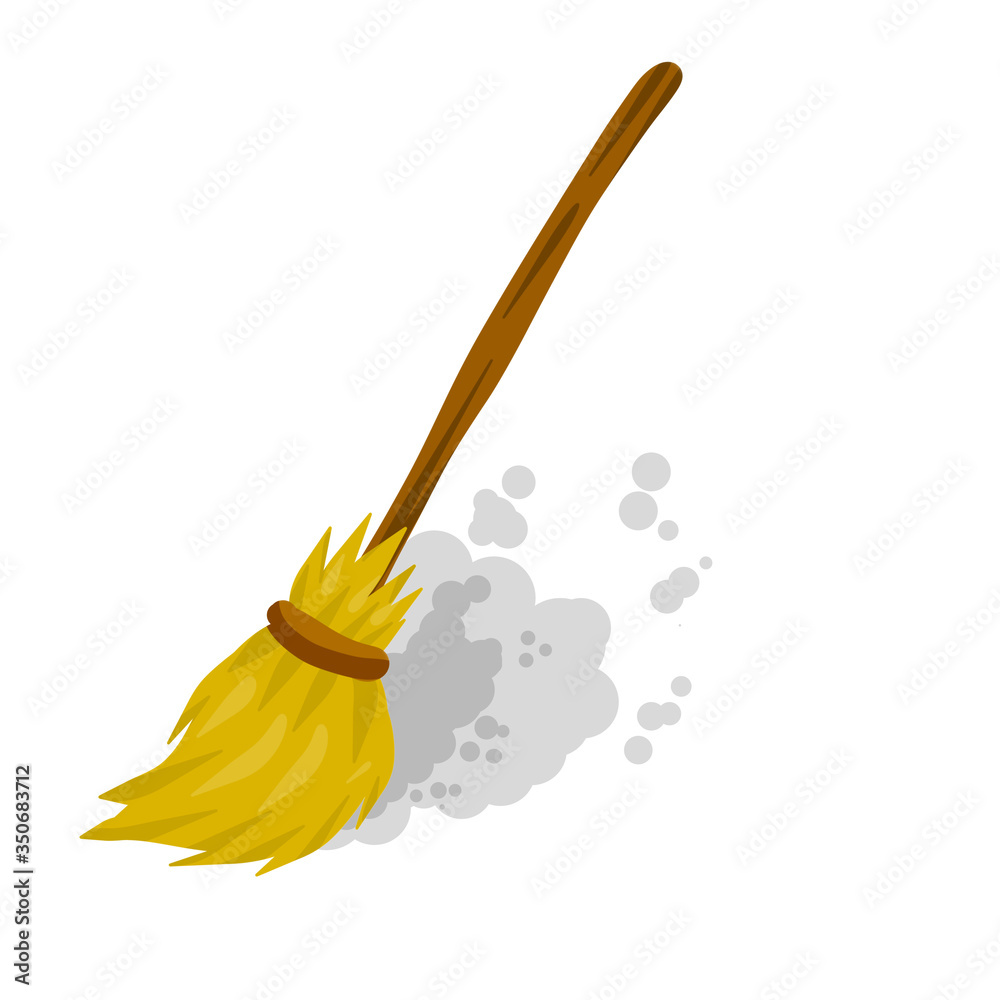 Broom. Rustic item for house cleaning. Sweeping and Old wooden MOP in wooden handle. element of witch. Cartoon flat illustration. Broom. Rustic item for house cleaning. Sweeping and Old wooden MOP in wooden handle. element of witch. Cartoon flat illustration.