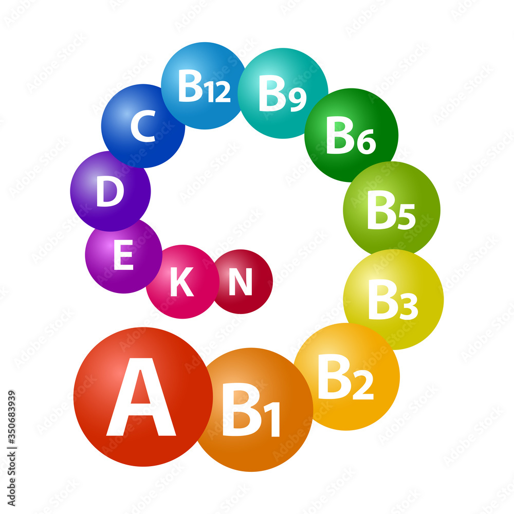Vitamine set. Multivitamin complex for health A, B1, B2, B3, B5, B6, B9, B12, C, D, E, K, N. Rainbow swirl. Colorful 3d spheres. Vector illustration Vitamine set. Multivitamin complex for health A, B1, B2, B3, B5, B6, B9, B12, C, D, E, K, N. Rainbow swirl. Colorful 3d spheres. Vector illustration