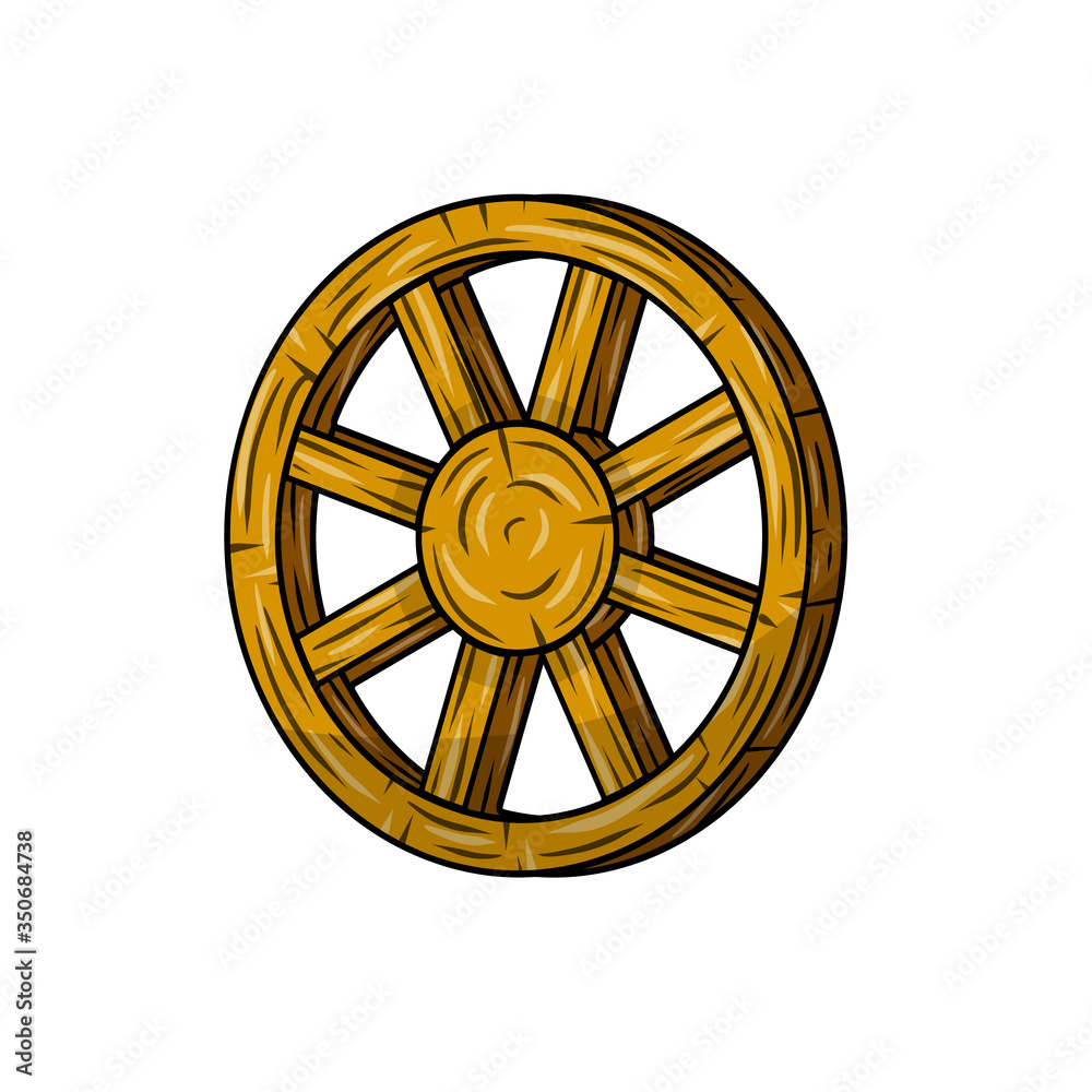Old wooden cart wheels. Brown Detail of wagon with cracks. A village vehicle in the wild West. Hand drawn cartoon illustration