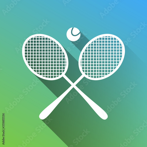 Two tennis racket with ball sign. White Icon with gray dropped limitless shadow on green to blue background. Illustration.