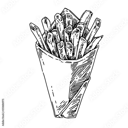 Paper bag with french fries. Sketch. Engraving style. Vector illustration.