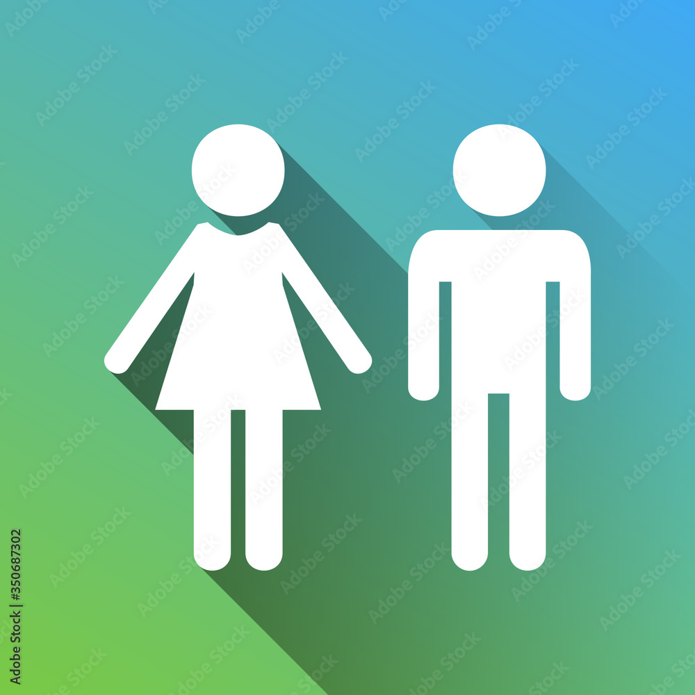 Male and female sign. White Icon with gray dropped limitless shadow on green to blue background. Illustration. Male and female sign. White Icon with gray dropped limitless shadow on green to blue background. Illustration.