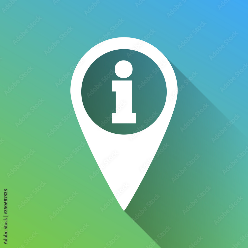Map pointer with information sign. White Icon with gray dropped limitless shadow on green to blue background. Illustration. Map pointer with information sign. White Icon with gray dropped limitless shadow on green to blue background. Illustration.