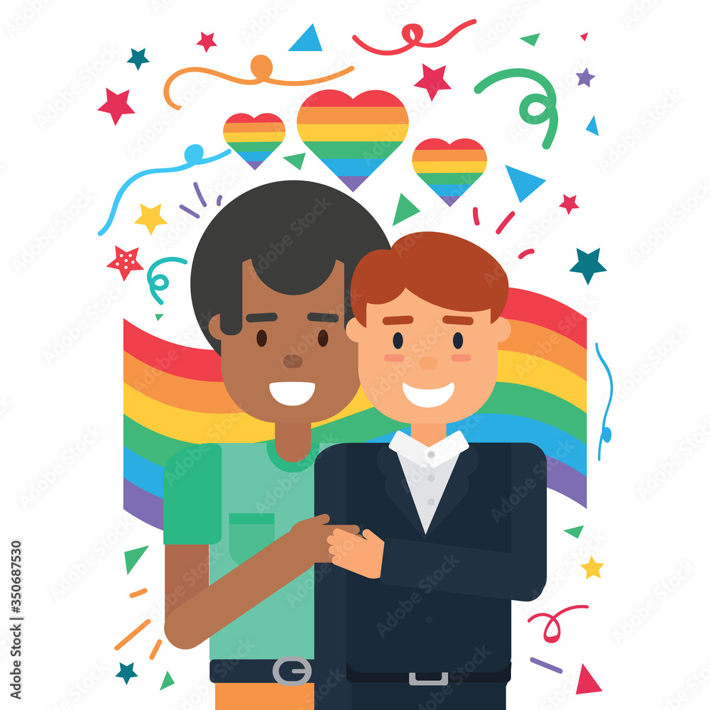 Two diverse gay partners embrace, homosexual love Two diverse gay partners embrace, homosexual love
