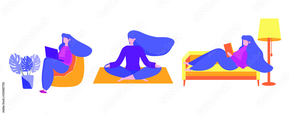 A set of young people. Staying at home, and doing different things. A woman is resting, lying on a sofa and reading a book. Does yoga, sits in a lotus, meditates. Girl works at a computer, remotely, f
