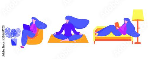 A set of young people. Staying at home, and doing different things. A woman is resting, lying on a sofa and reading a book. Does yoga, sits in a lotus, meditates. Girl works at a computer, remotely, f