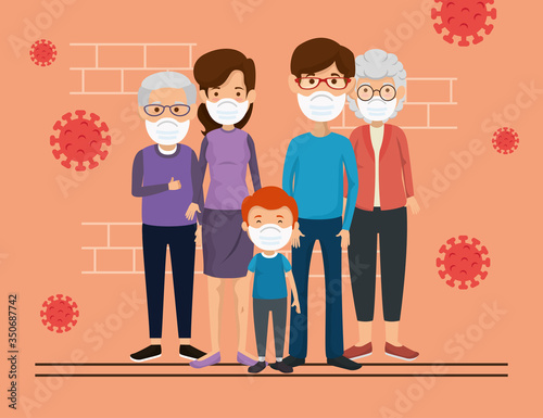 family members using face mask with particles 2019 ncov vector illustration design