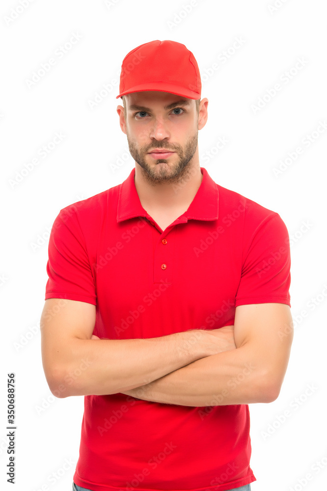 Post worker. Help with relocation and move out. Working for your comfort. Man delivery service. Guy in red cap isolated on white background. Express courier service. Shipping and delivery service Post worker. Help with relocation and move out. Working for your comfort. Man delivery service. Guy in red cap isolated on white background. Express courier service. Shipping and delivery service