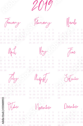 Calendar design for 2019. Simple background, pink design. The week starts on Monday. Set of 12 months.