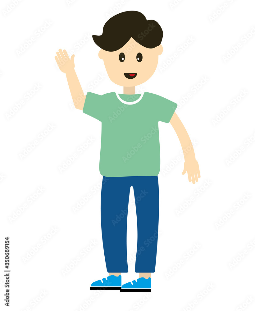 A young guy dressed in fashionable clothes smiles, and waves his hand. Cute cartoon characters isolated on white background. Colorful flat illustration