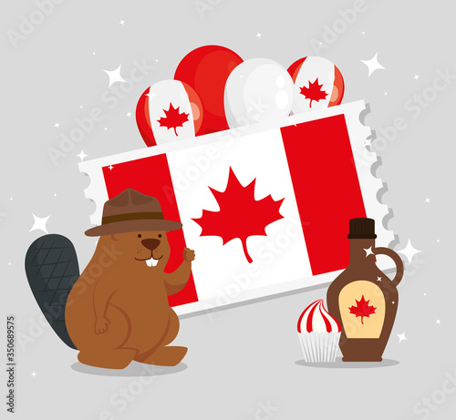 happy canada day with beaver and decoration vector illustration design