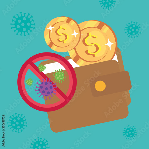 wallet and coins with particles 2019 ncov vector illustration design