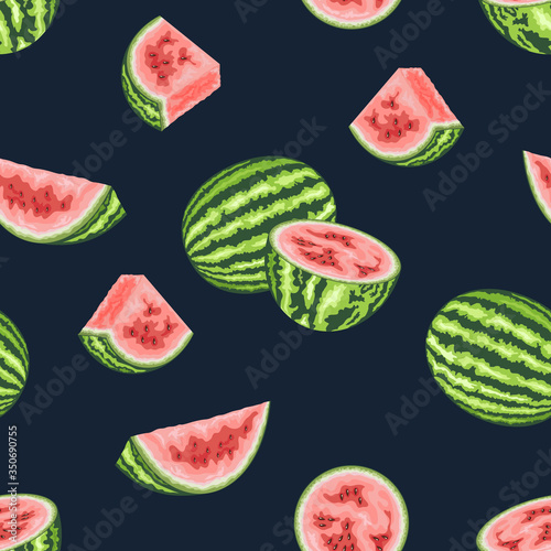 Seamless pattern with watermelon slices on dark blue background.