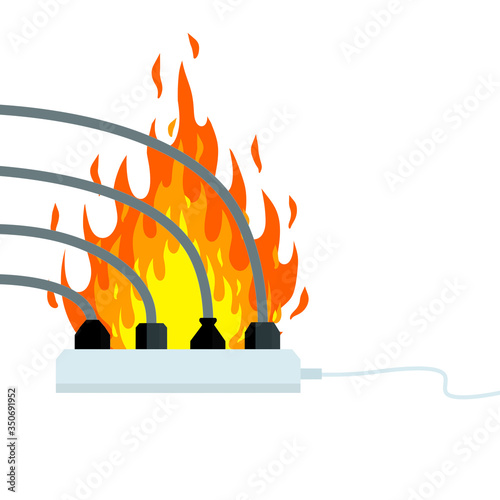 Electrical wiring. Damaged Socket with flame. The smoke from the device. Cartoon flat illustration. Compliance with fire safety. Set of many Cables