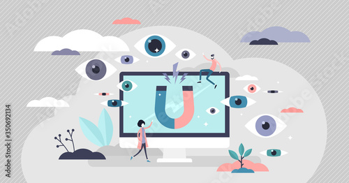 Views vector illustration. Attract blog audience flat tiny persons concept.