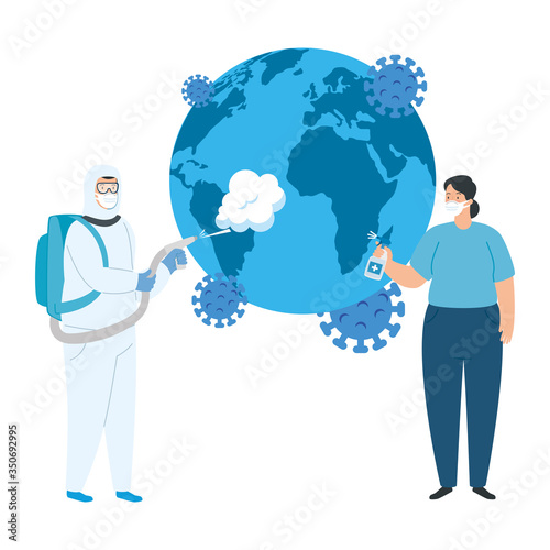 world planet with particles covid 19 and people vector illustration design