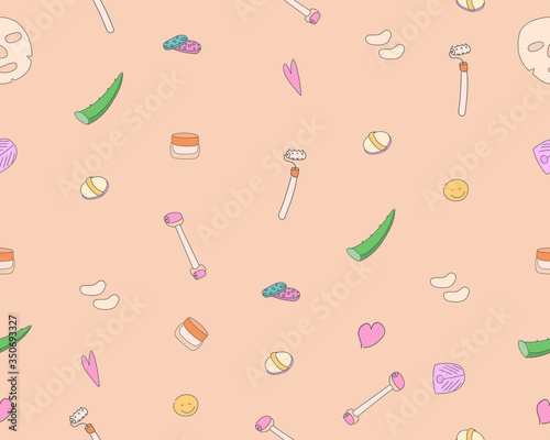 Vector seamless pattern in simple flat style, pastel colors. The concept of home facial skin care. Hygiene and cosmetic products. Design for textile, paper, packaging, blogging