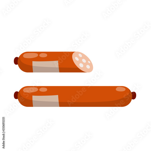 Set of sausage. Meat food. Red nutrient object. Sliced half of bologna for a sandwich. Cartoon flat illustration