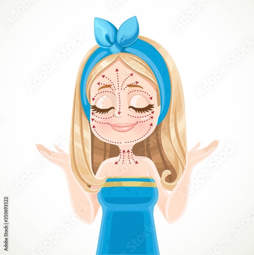 Cute blond girl in blue sauna towel preparing to do massage according to the scheme of massage lines on the face isolated on white background
