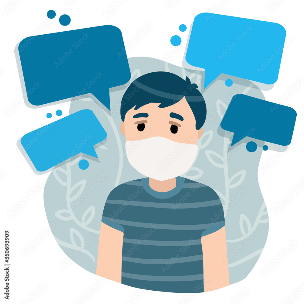 Man in medical mask. Protection from virus and coronavirus. Sick Young guy. Blue clinic concept. Treatment and prevention of disease. Flat cartoon Cloud text bubble dialog. Conversation and Talk.