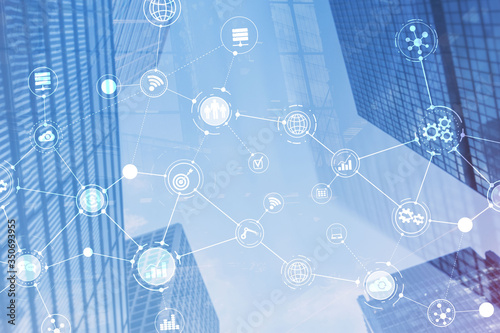 Smart City and Wireless Communication Network. Business District with office building. IOT modern technology concept.