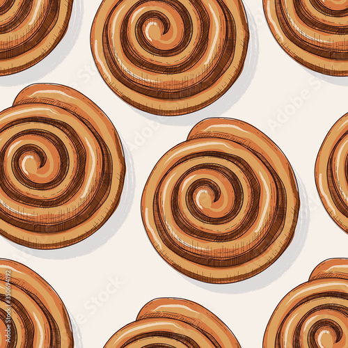 French bun cinnamon seamless pattern in sketch, engraving style. Vector illustration. Bakery food
