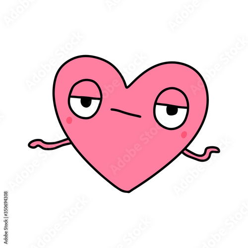Sad tired heart symbol doodle illustration icon in cartoon comic kawaii face