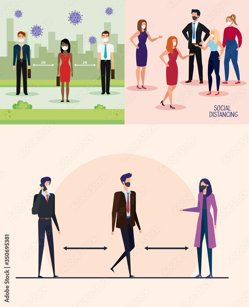 set banners of campaign distancing social at office with business people vector illustration design