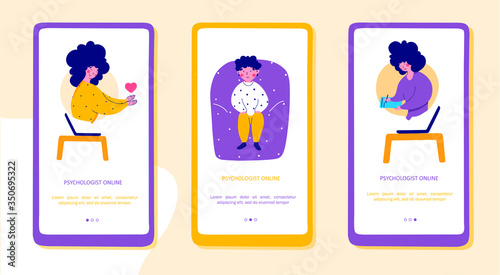 Psychological help online, child support, bullying,onboarding mobile app page screens set.