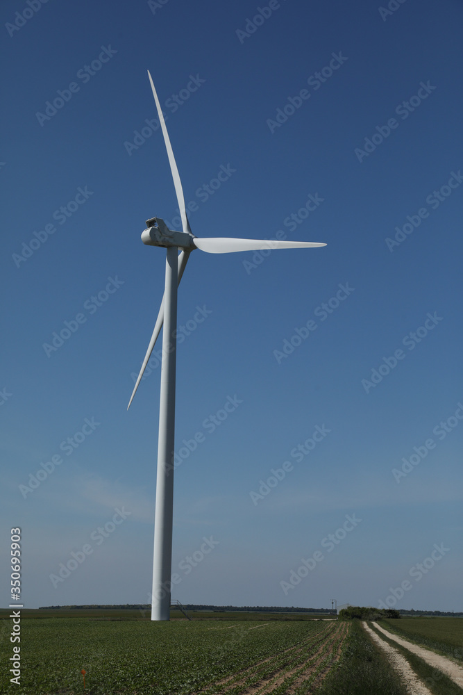 Fototapeta premium Windmill for electric power production, France. Blue sky
