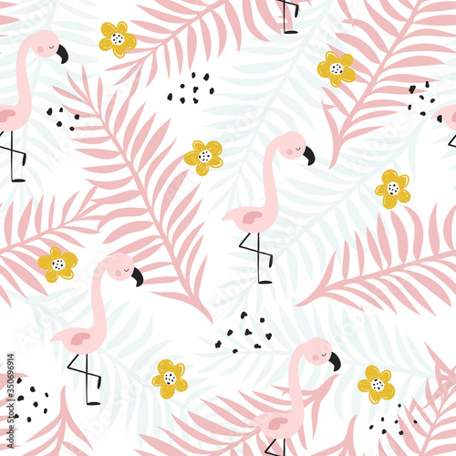 Tropical seamless pattern with flamingo and leaves. Vector hand drawn illustration.