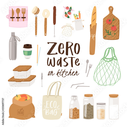 Big set of Zero Waste recycle and reusable products for eco kitchen - glass jars, eco grocery bags, wooden cutlery, brushes, thermo mug, metal water bottle Durable collection vector illustration