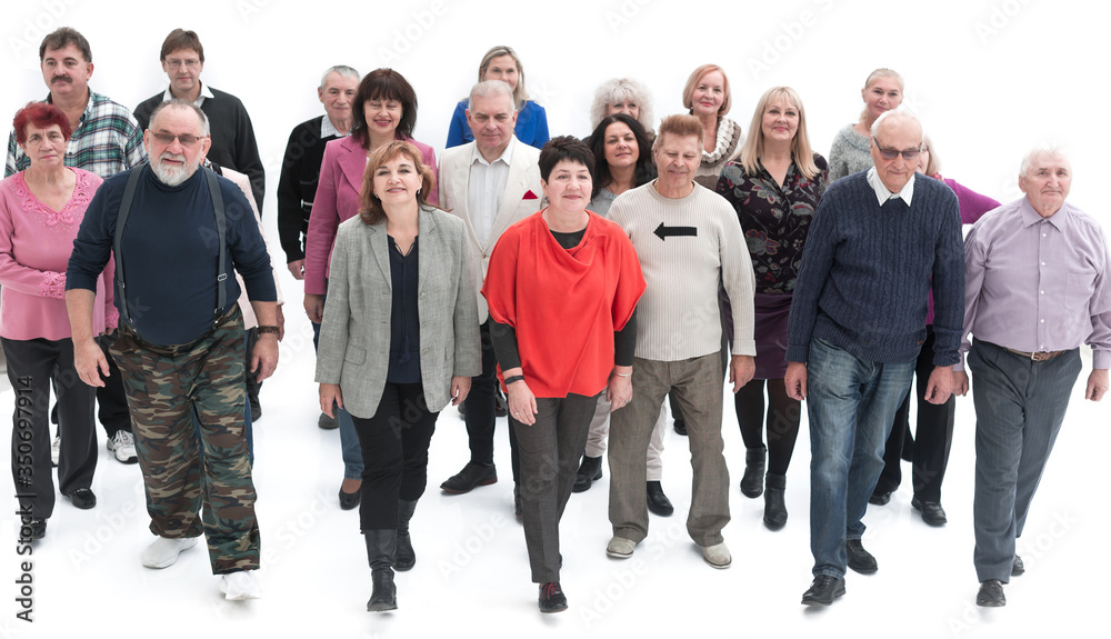 Casual group of people walking isolated over a white background
