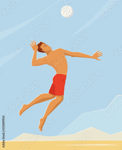 Beach volleyball player in sports shorts is going to serve the ball in a jump. Spike training. The arm is laid back, the legs are bent at the knees. Handsome man hits the ball, side view. Flat design