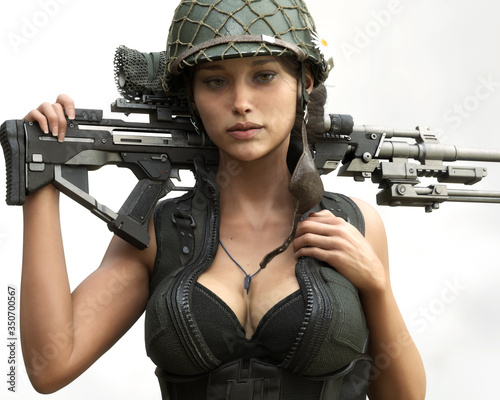 Принти на полотні Portrait close up of a sexy female sniper soldier posing for the camera with scoped marksman rifle on her back