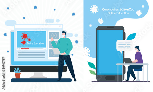 set scenes of education online for 2019 ncov vector illustration design
