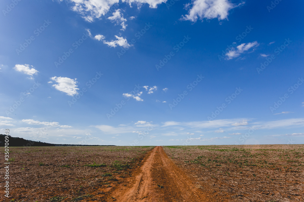 Dirt road towards tranquility blue sky