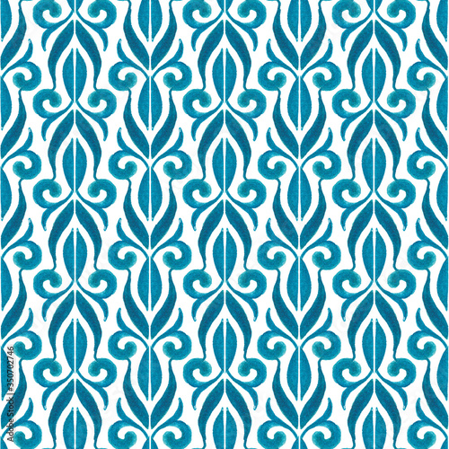 Seamless watercolor pattern. Hand painted vintage blue and white ornament. Ethnic fabric texture. Tile.