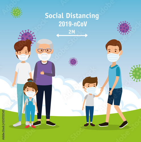campaign of social distancing for 2019 ncov with families using face mask in landscape vector illustration design
