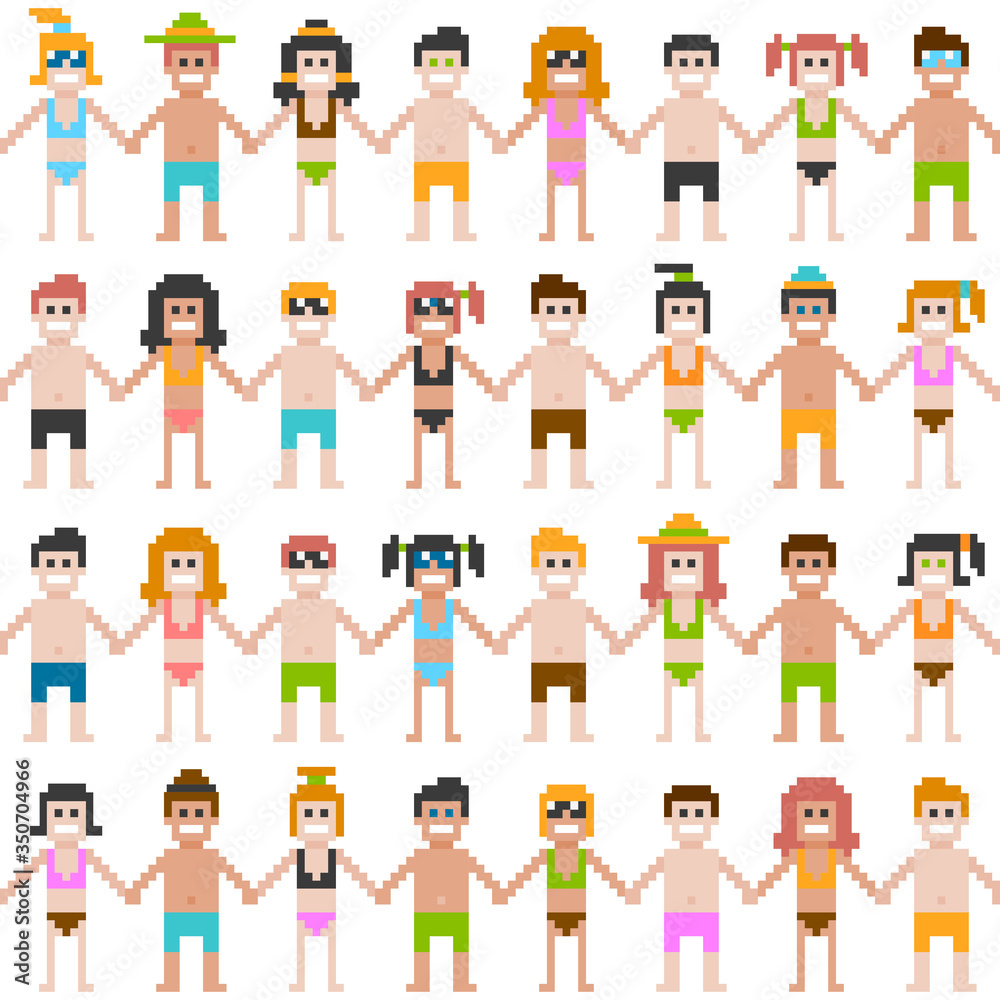 Pixel summer people seamless pattern.Vector illustration of pixel beach people friendship group background. Pixel summer people seamless pattern.Vector illustration of pixel beach people friendship group background.