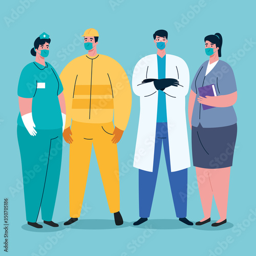 workers group using medical masks for covid 19 pandemic vector illustration design