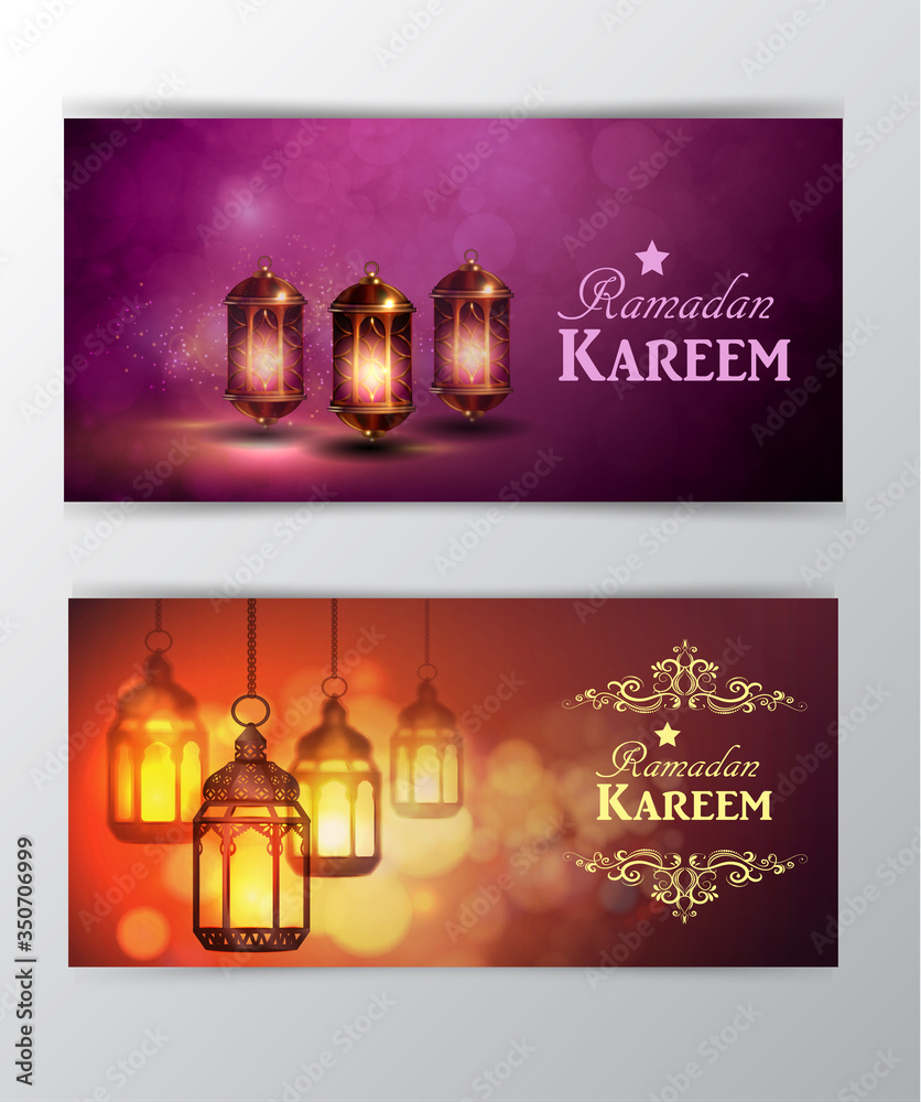 Ramadan Kareem greeting on blurred background set of cards