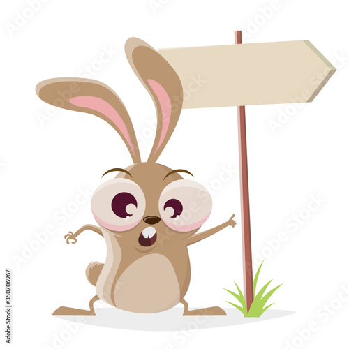 funny cartoon illustration of a crazy rabbit with important sign