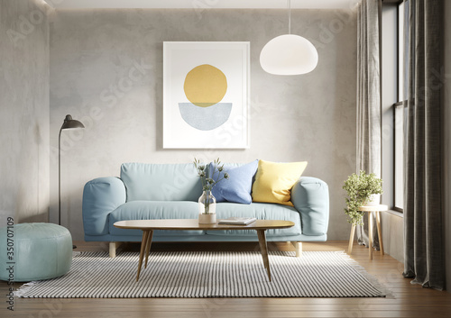 3d render of a room with a light blue sofa an art canvas and blue and yellow cushions	 photo