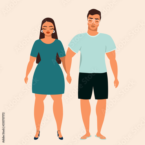 Young couple holding hands. Isolated vector illustration of a male and female standing. Summer outfit. Modern young people. 