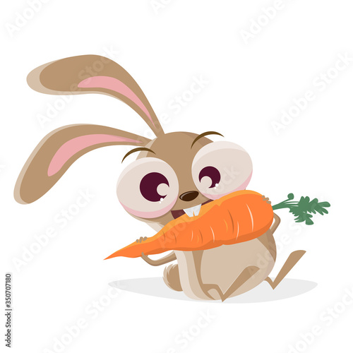 funny cartoon illustration of a crazy rabbit eating a big carrot