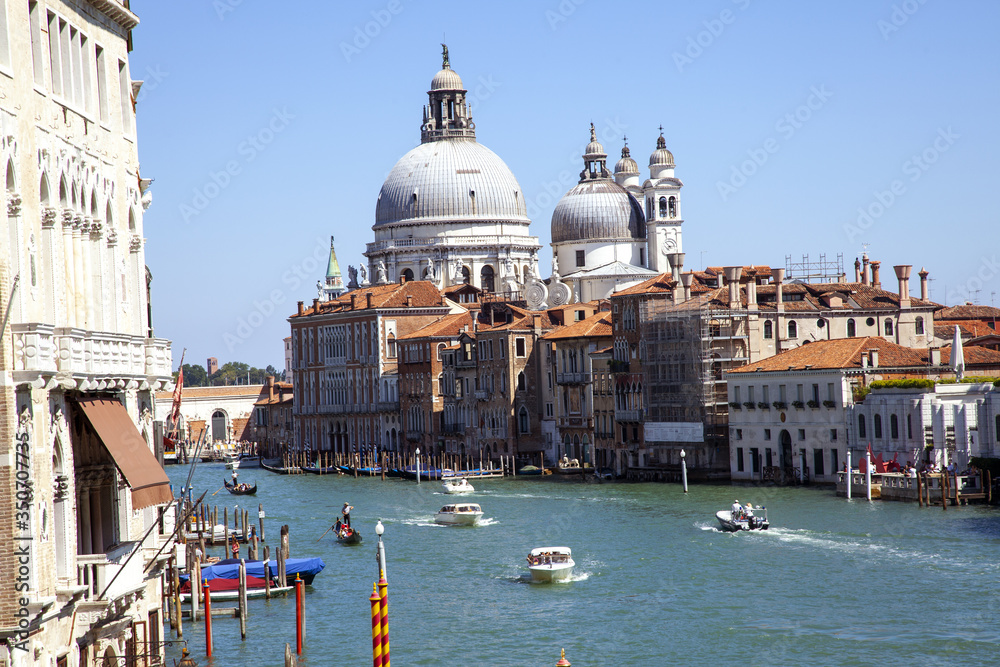 August 2016 - Venice, Italy - Venice Lagoon View of the domes of the Church of Santa Maria della Salute, is one of the best expressions of Venetian Baroque architecture