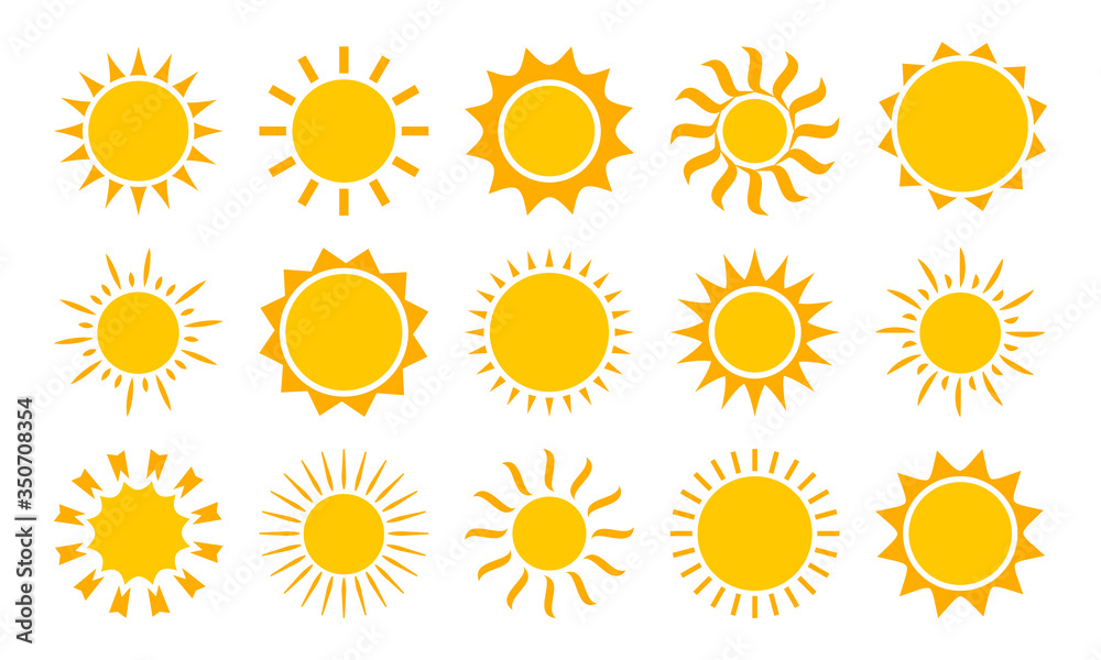 Fototapeta Sun icons, summer set. Yellow and orange colors, different shapes. Vector collection