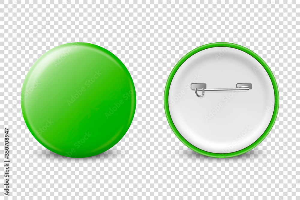 Vector 3d Realistic Green Metal, Plastic Blank Button Badge Icon Set Isolated on Transparent Background. Front and Back Side View. Template for Branding Identity, Logo, Presentations. Mock-up