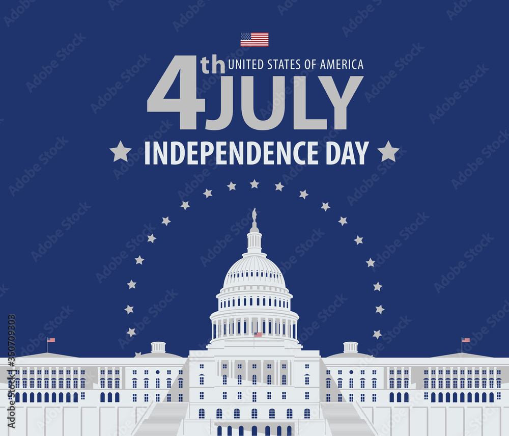 Vector banner on the theme of US independence Day. Greeting card or illustration with the image of the Capitol Building in Washington DC and words 4th july, Independence Day on the blue background